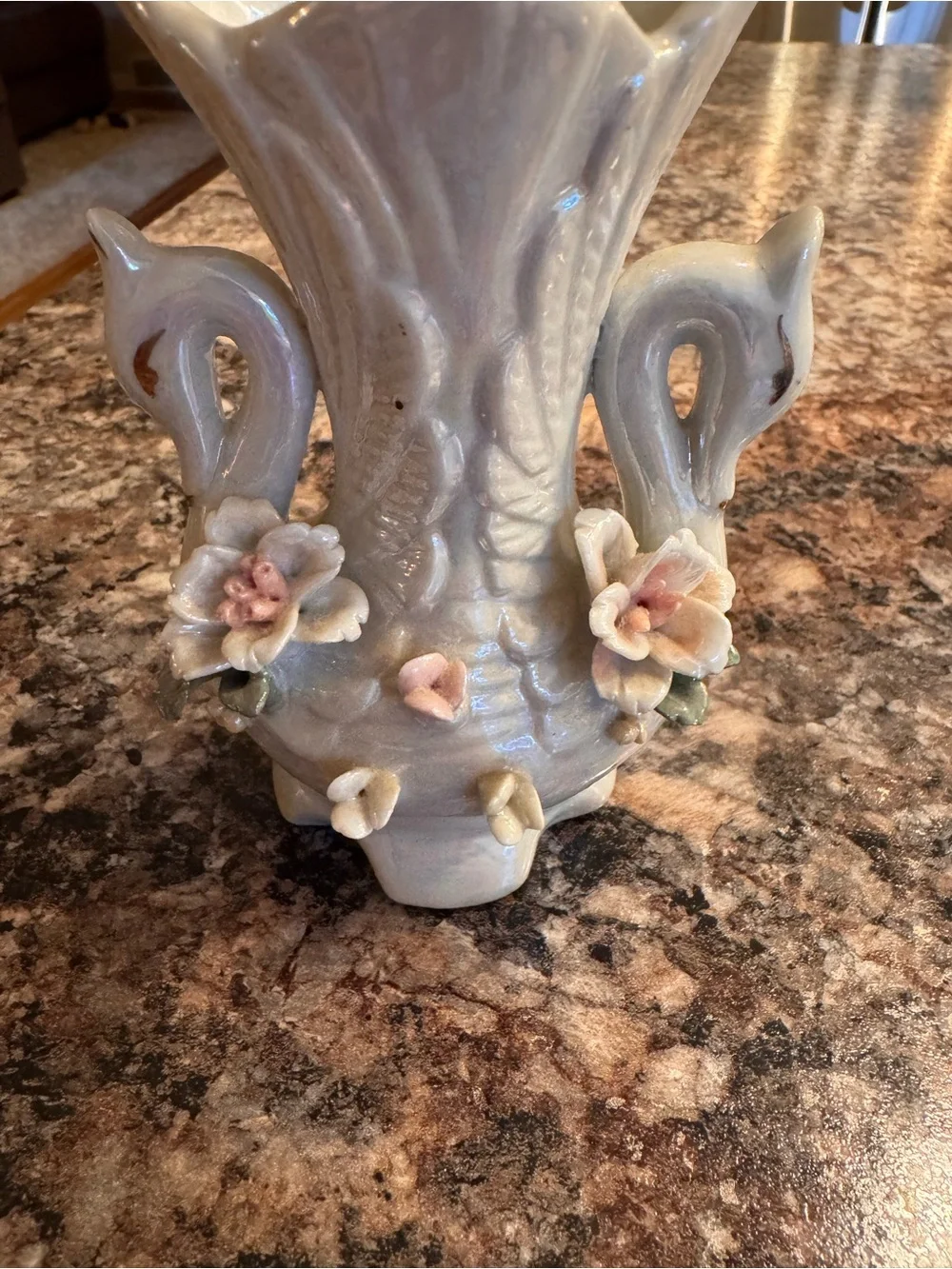 vintage lusterware ceramic swan vase featuring iridescent finishes